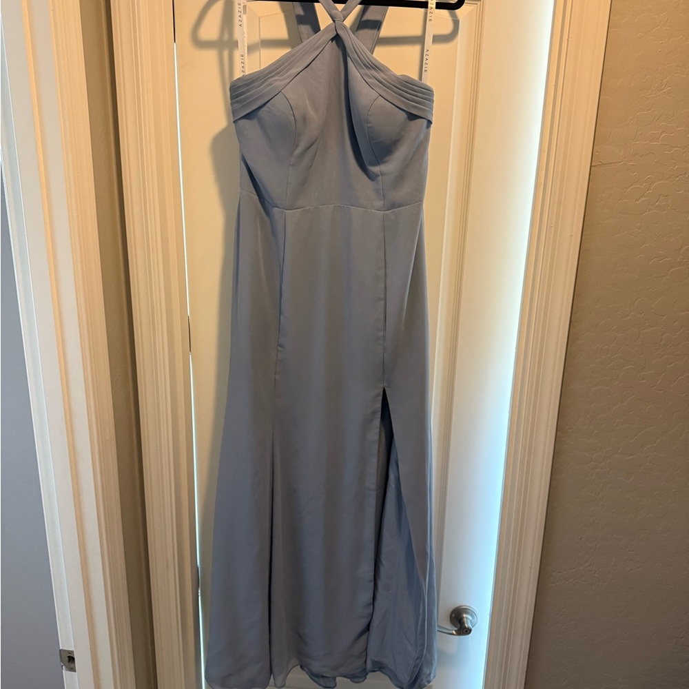 Azazie Blue Cross-Neck Maxi Dress - Picture 4 of 7
